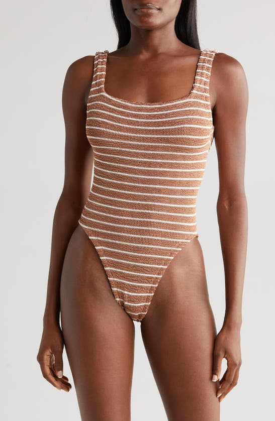 Shop Hunza G Textured Square Neck One-piece Swimsuit In Metallic Cocoa/ White