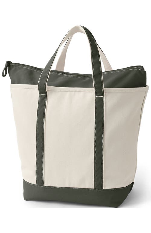Lands' End Zip Top Canvas Tote Bag In Natural/dark Olive Green