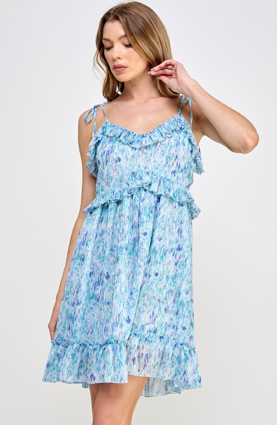 Shop Koko + Mason Sleeveless Ruffle Floral Print Minidress In Blue Multi