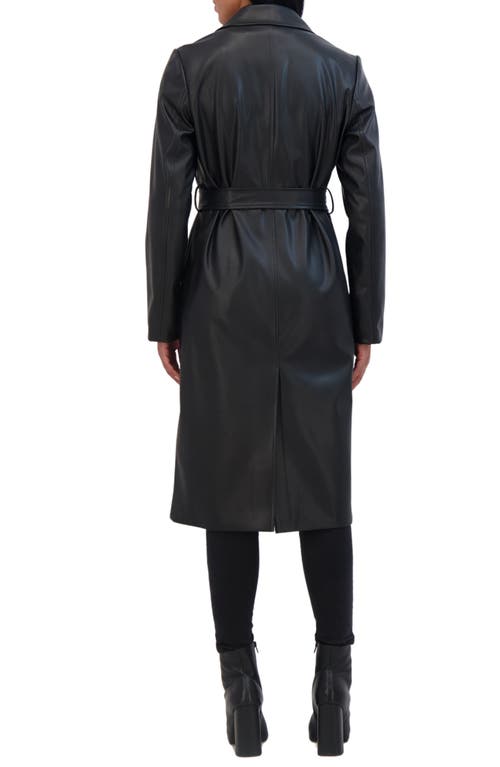 Sebby Belted Longline Faux Leather Trench Coat In Black