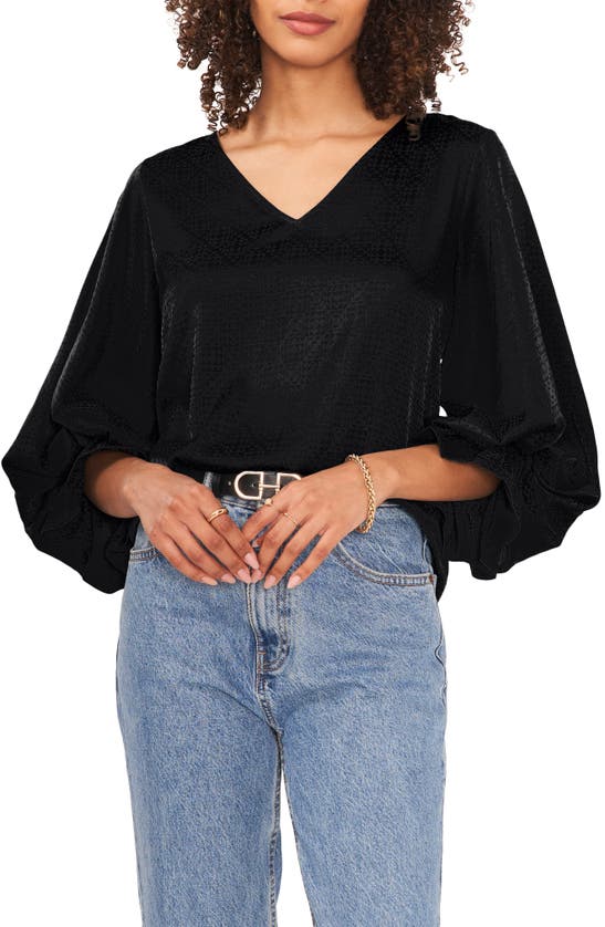 Vince Camuto Geo Print Jacquard Bubble Sleeve Blouse In Rich Black