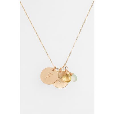 Nashelle Aqua Chalcedony, Lemon Quartz, Initial & Heart 14K-Gold Fill Disc Necklace