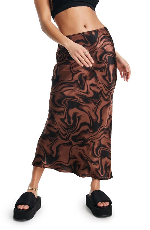 Topshop Print Satin Bias Skirt in Brown