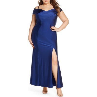 Plus Size Morgan & Co Cold Shoulder Satin Trumpet Gown, Blue