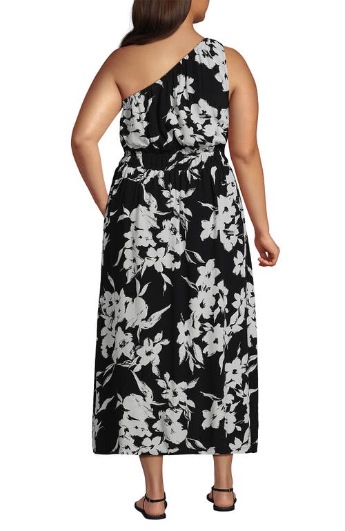 Shop Lands' End Petite One Shoulder Crepe Midi Dress In Black Painted Flower