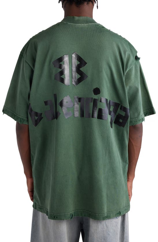 Shop Balenciaga Distressed Tape Logo Cotton T-shirt In Dark Green