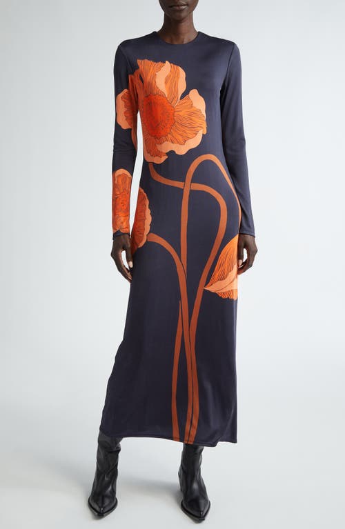 Shop Johanna Ortiz Colorful Allegory Long Sleeve Stretch Satin Midi Dress In Papaver Somniferum/navy