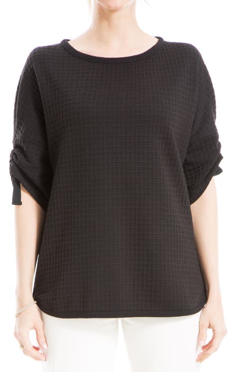 Ruched Elbow Sleeve Waffle Knit Top