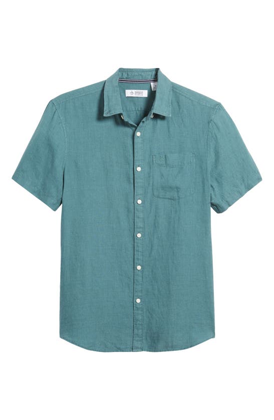 Shop Original Penguin Delave Short Sleeve Linen Button-up Shirt In Sea Pine