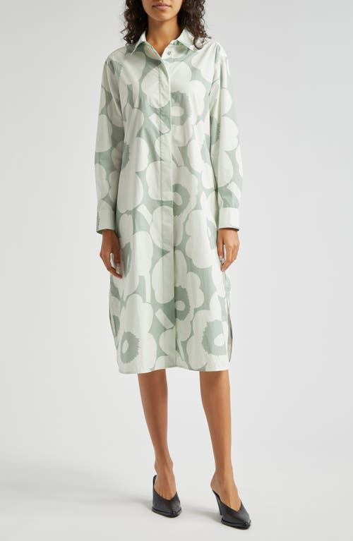 Shop Marimekko Runoelma Unikko Long Sleeve Poplin Shirtdress In Greyish Green/light Green