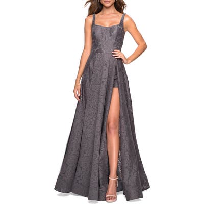 La Femme Front Slit Lace Evening Dress, Grey