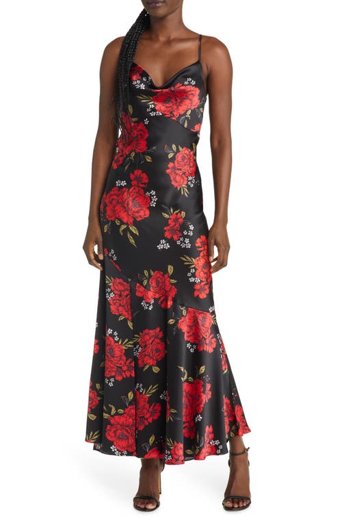 Extra Sultry Floral Cowl Neck Satin Slipdress in Black Floral Print