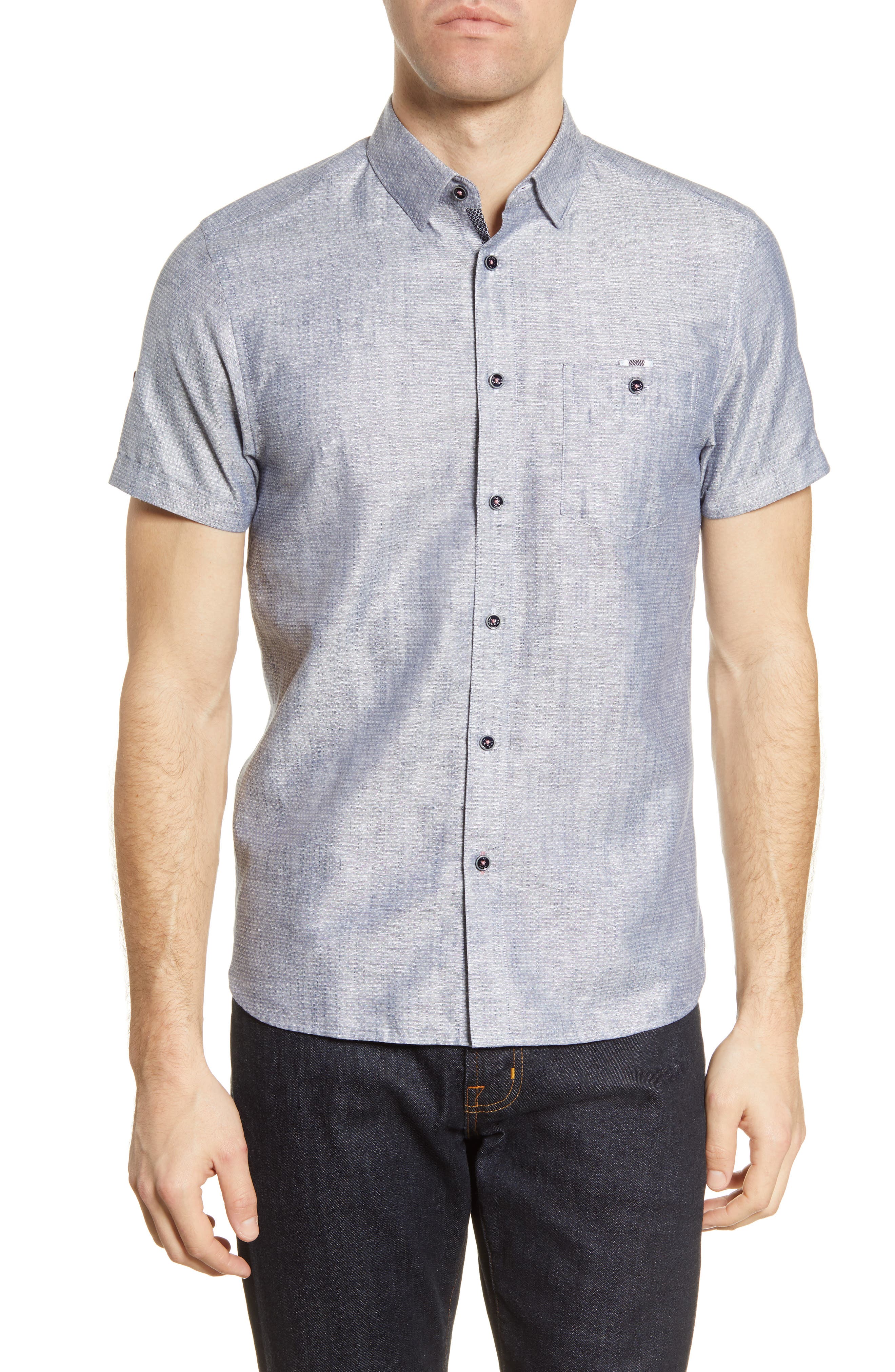 Ted Baker Pleater Slim Fit Short Sleeve Button-up Shirt In Blue