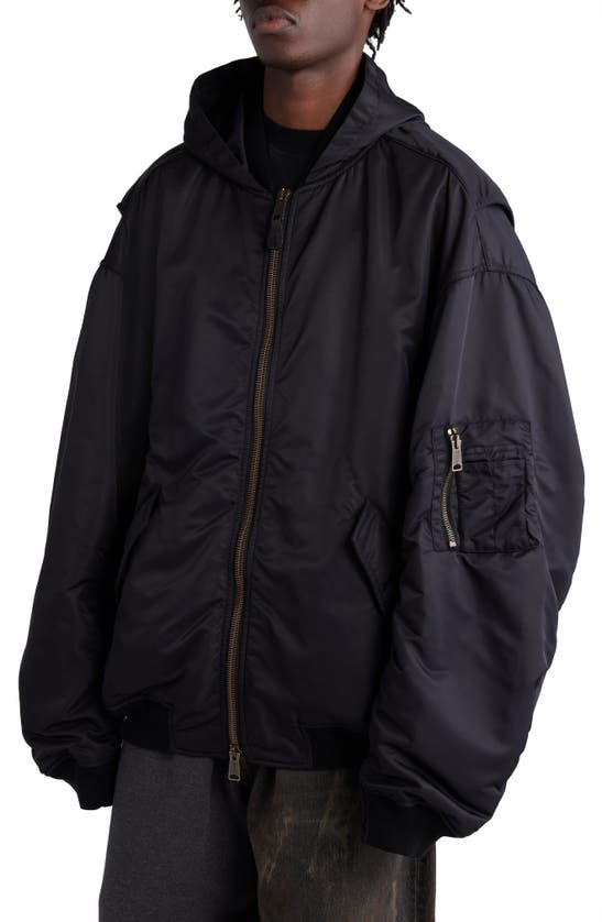 Balenciaga Tape Logo Oversize Hooded Bomber Jacket In Black