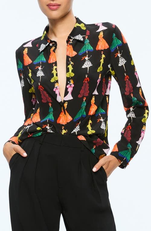 Shop Alice And Olivia Alice + Olivia Willa Staceface Print Silk Button-up Shirt In Romantic Stace Black