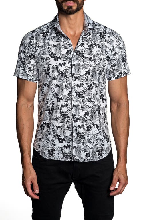 Jared Lang Trim Fit Tropical Print Short Sleeve Button-Up Shirt in White - Black at Nordstrom, Size Large