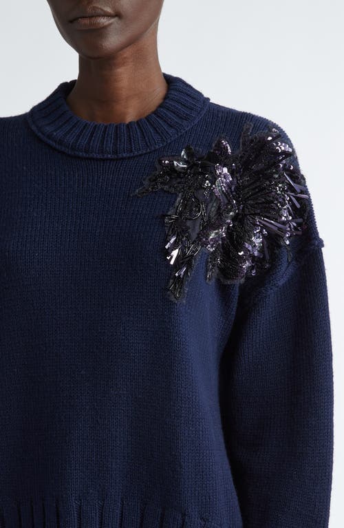 Shop Jason Wu Collection Sequin & Bead Detail Merino Wool Crewneck Sweater In Navy