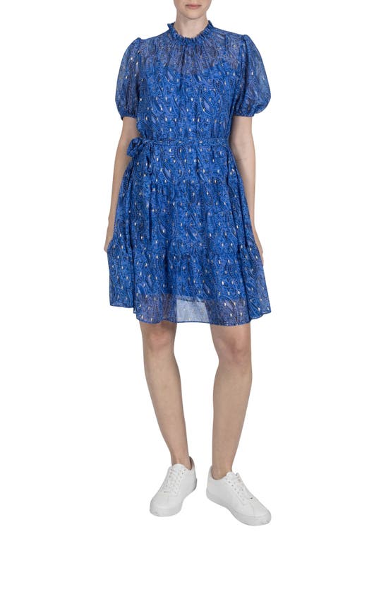 Shop Julia Jordan Foil Crinkle Puff Sleeve Chiffon Dress In Blue Multi