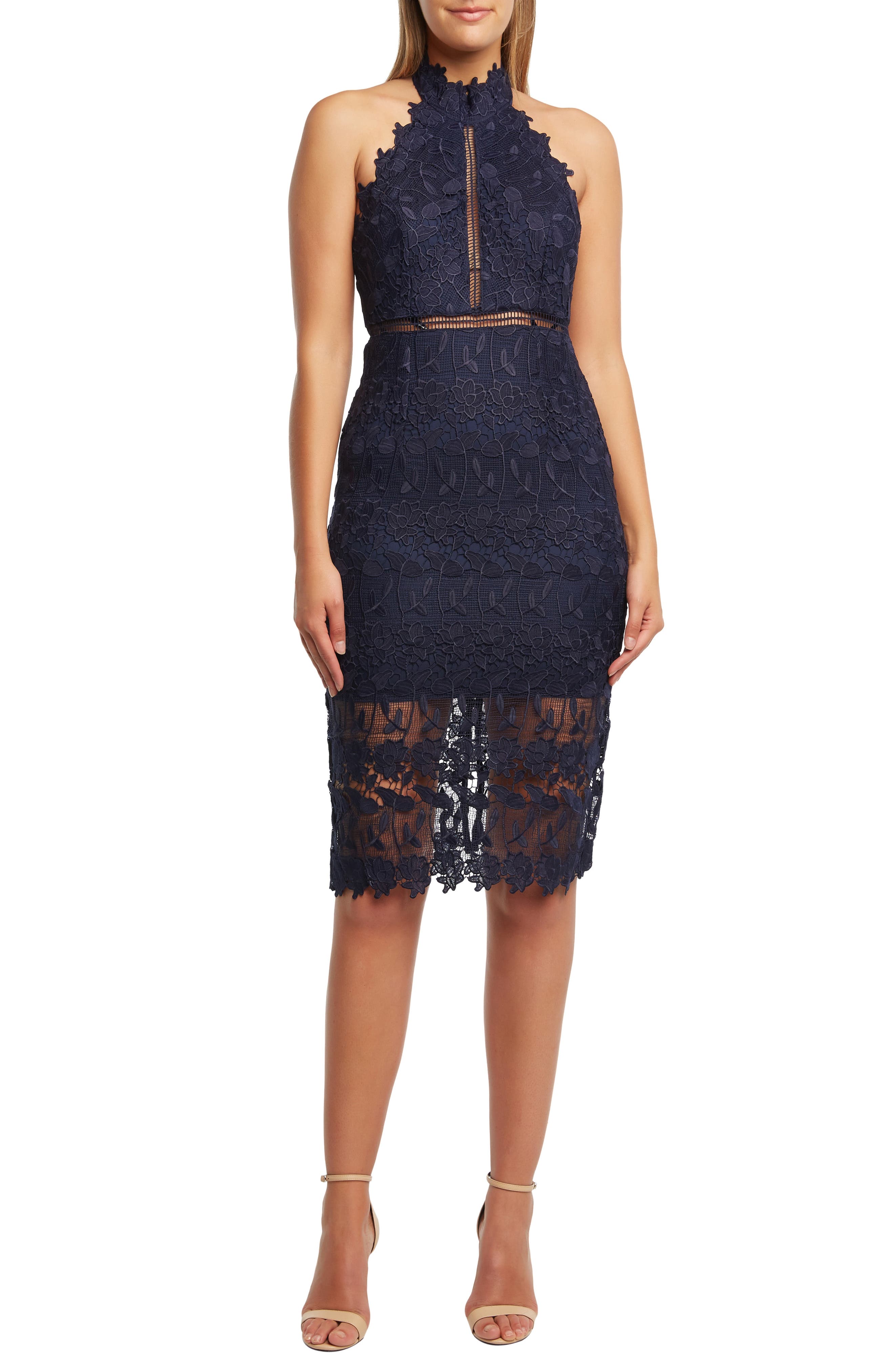 Bardot Noni Lace Halter Dress, Blue