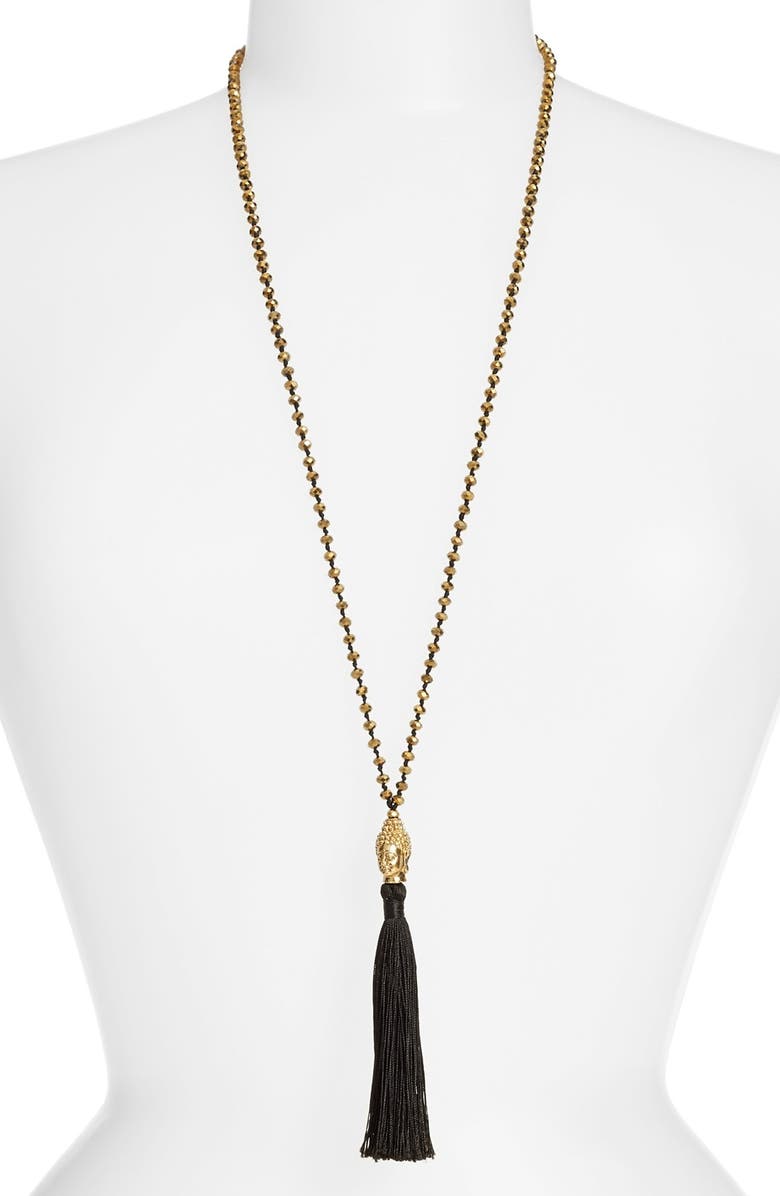 LEAD Beaded Buddha Tassel Necklace, Main, color, OLD FOIL BRASS BLACK