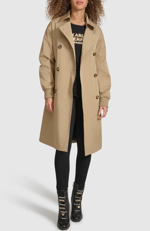 Shop Karl Lagerfeld Paris Double Breasted Gabardine Trench Coat In Khaki