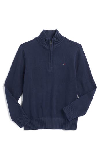 Tommy Hilfiger Kids' Quarter Zip Cotton Sweater In Navy Blazer