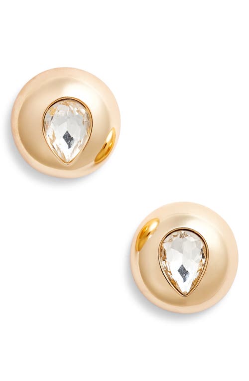 Open Edit Crystal Teardrop Puffy Button Earrings in Clear- Gold 