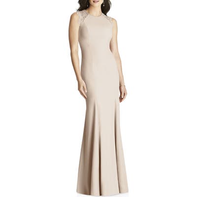 Dessy Collection Lace Back Crepe Gown, Beige