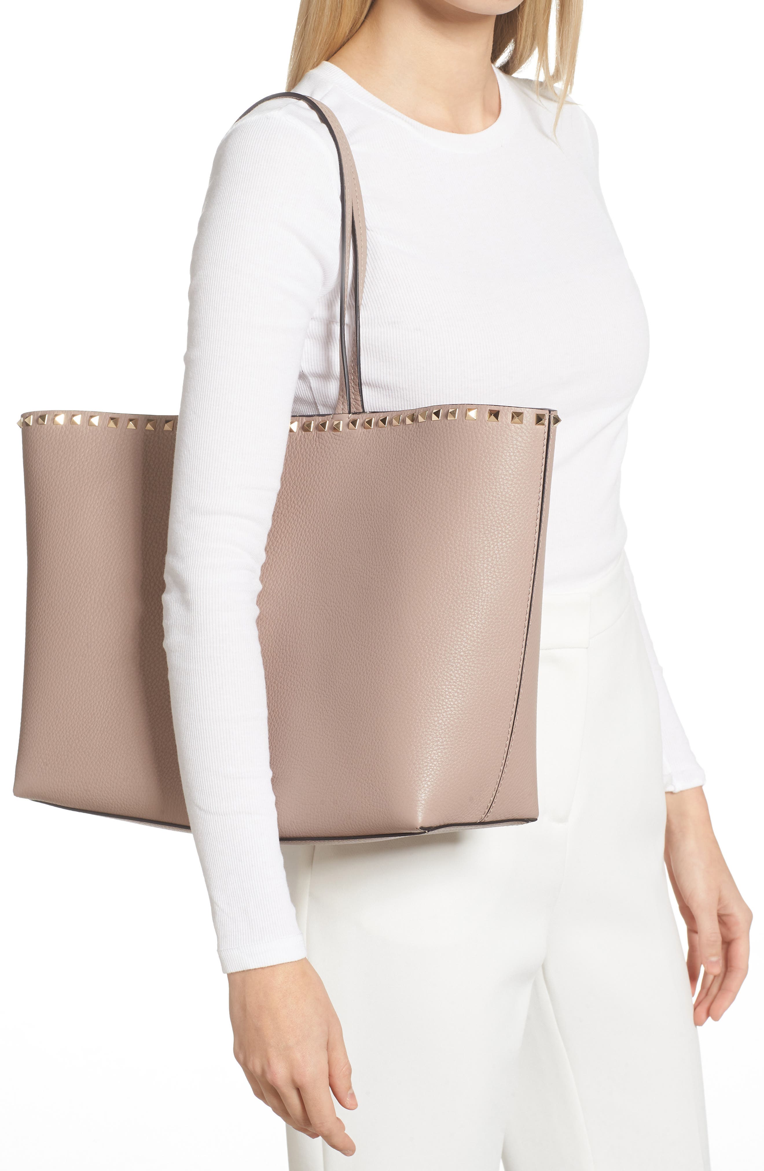 Mini Rockstud Grainy Calfskin Bag for Woman in Poudre
