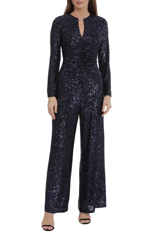 Maggy London Ruched Bodice Sequin Long Sleeve Wide Leg Jumpsuit Navy at Nordstrom,
