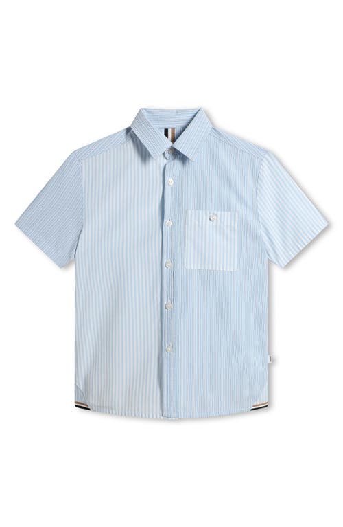 BOSS Kidswear Kids' Mix Stripe Short Sleeve Cotton Button-Up Shirt Blue/White at Nordstrom, Y