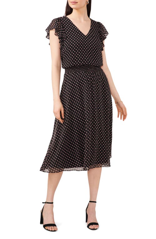 Chaus Polka Dot Smock Waist Flutter Sleeve Midi Dress In Black/blush