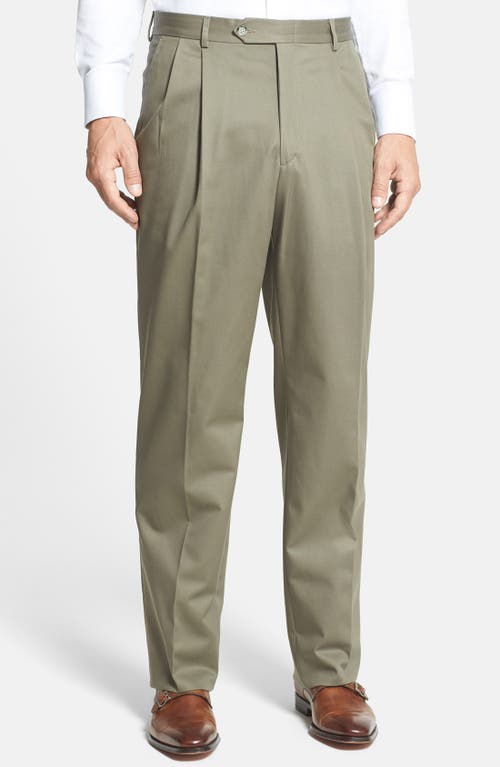 Berle Pleated Classic Fit Cotton Dress Pants in Olive