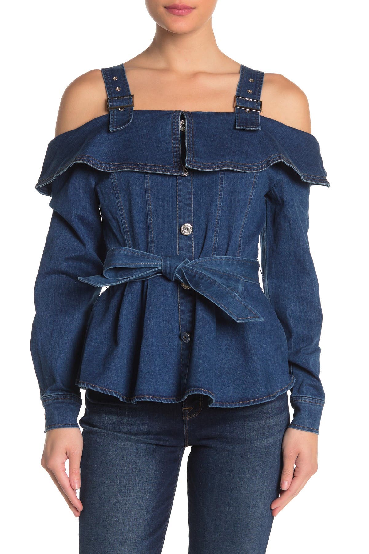 jeans with straps over shoulders