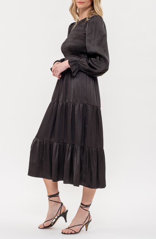 August Sky Satin Smocked Long Sleeve Dress In Black