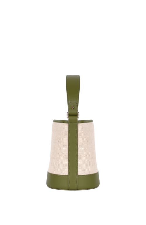 Shop Hyer Goods Canvas And Upcycled Leather Convertible Mini Bucket Bag In Linen/olive