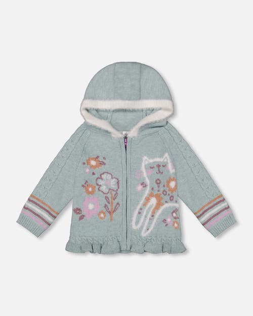 DEUX PAR DEUX DEUX PAR DEUX LITTLE GIRL'S JACQUARD HOODED KNIT CARDIGAN LIGHT TURQUOISE 