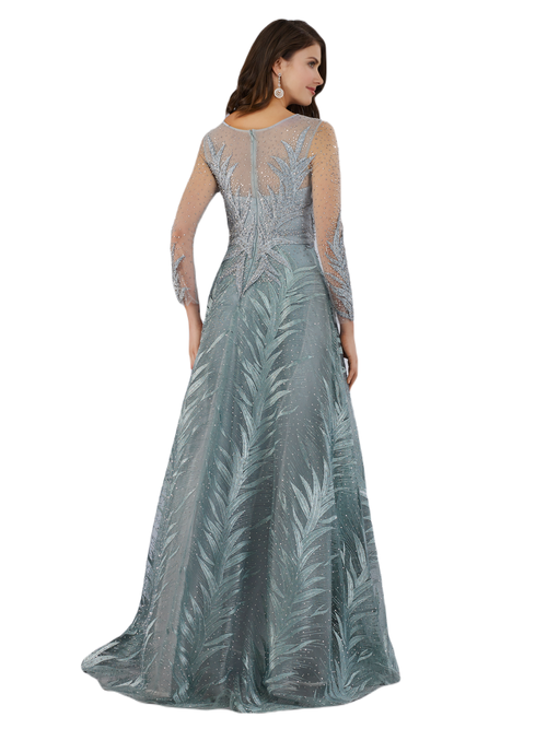 Lara New York High Neck Sheer Long Sleeve Embellished Gown In Seagreen