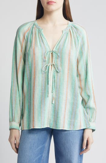 RAILS RAILS BRIELLE STRIPE TIE FRONT LINEN BLEND TOP 