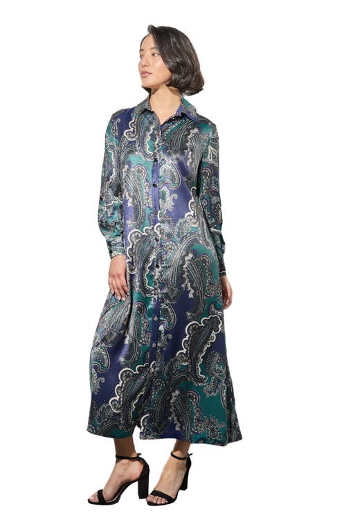Ming Wang Paisley Print Tie Belt Long Sleeve Charmeuse Midi Shirtdress In Forest Multi
