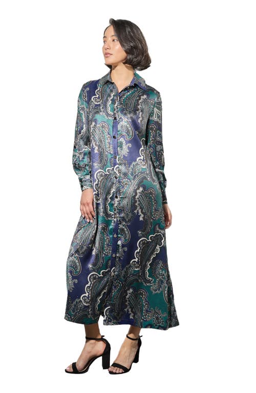 Shop Ming Wang Paisley Print Tie Belt Long Sleeve Charmeuse Midi Shirtdress In Forest Multi