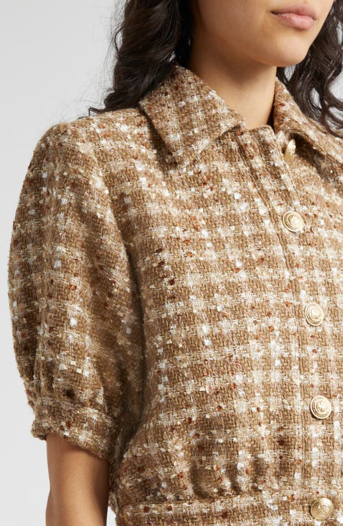 Shop L Agence L'agence Tweed Check Puff Sleeve Jacket In Dark Cappuccino/gold Tweed