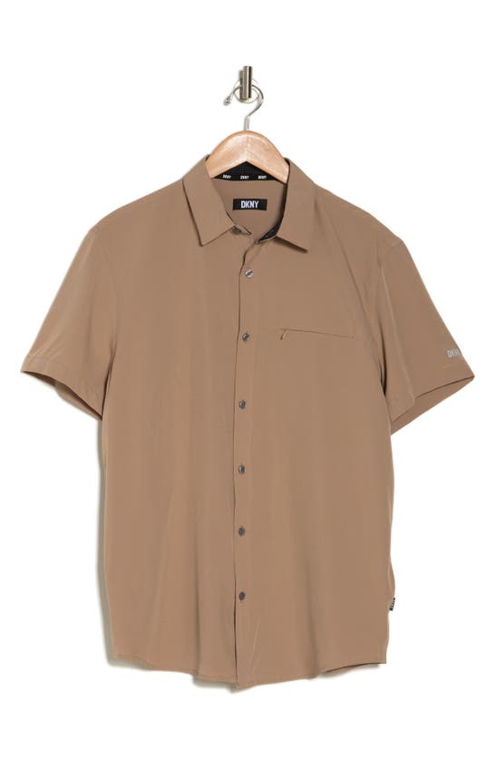 Shop Dkny Sportswear Lenox Short Sleeve Button-up Tech Shirt In Tan