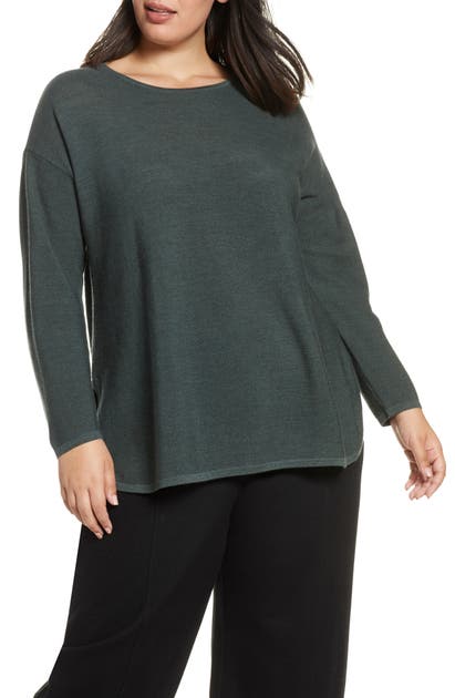 Eileen Fisher Crewneck Merino Wool Tunic Top In Deep Hemlock | ModeSens