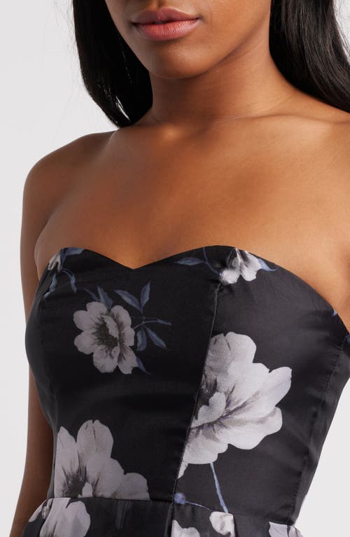 Lulus Regal Status Black Floral Print Strapless Maxi Dress In Black/white/blue