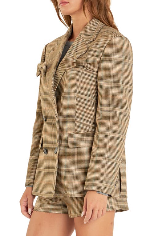 Shop English Factory Glen Check Bow Detail Double Breasted Blazer In Brown