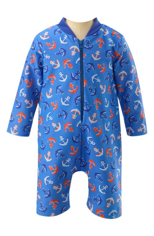 Rachel Riley Kids' Anchor Zip One-Piece Rashguard Swimsuit Blue at Nordstrom,