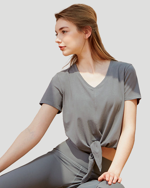 Shop Rebody Active Knot Your Race V Neck Short Sleeve Top In Stone Olive