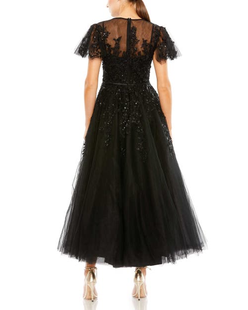 Mac Duggal Embellished Flutter Sleeve Bow Waist A Line Dress In Black
