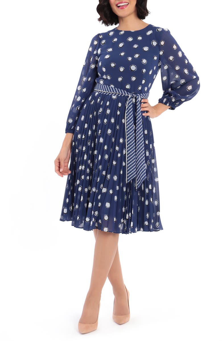 Maggy London Dot Print Long Sleeve Pleated Midi Dress, Alternate, color, 
